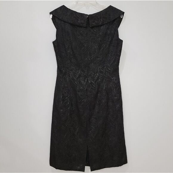 Tahari-Black Shiny PORTRAIT COLLAR Jacquard SHEATH DRESS Party Cocktail Woman 6 - Picture 10 of 16